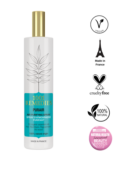 Room Spray | 1001 Remedies| Curelondon.com | Free UK delivery 100% natural and organic aromatherapy air purifying room spray enriched with 19 essential oils, including eucalyptus and lavender. Fill your home with beautiful natural herbal fragrances for a fresh, spa-like atmosphere, whilst boosting your natural defences with this spray's anti-viral and anti-bacterial properties.