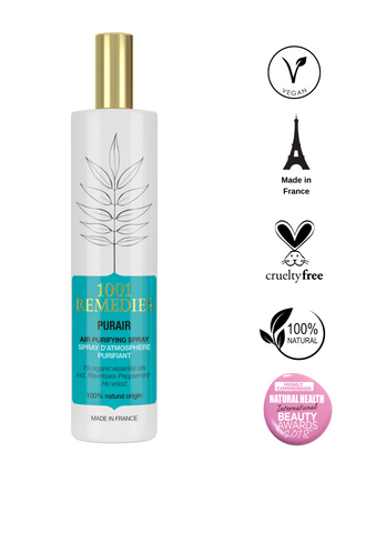 Room Spray | 1001 Remedies| Curelondon.com | Free UK delivery 100% natural and organic aromatherapy air purifying room spray enriched with 19 essential oils, including eucalyptus and lavender. Fill your home with beautiful natural herbal fragrances for a fresh, spa-like atmosphere, whilst boosting your natural defences with this spray's anti-viral and anti-bacterial properties.